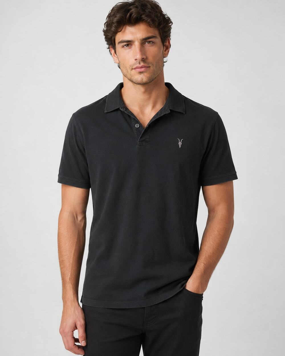 AllSaints Ramskull Polo Shirt Mens Medium Black Slim Fit Organic Cotton Logo